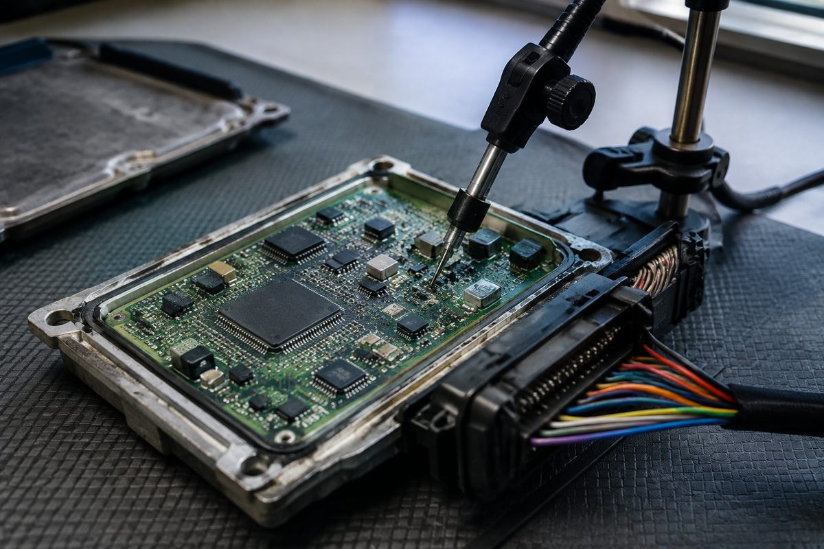 Centralina aberta em bancada com sonda de acesso à placa eletrónica